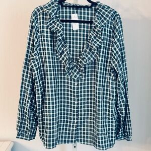 Ann Taylor Green & White Ruffle Vneck Blouse with Silver Thread, XL NWT